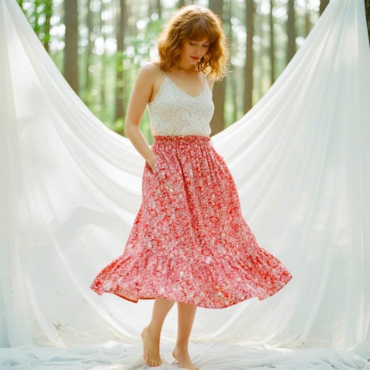 Liberty London Ditsy Floral Tiered Midi Skirt, Handmade Cotton Tana Lawn, Ruffle Waist