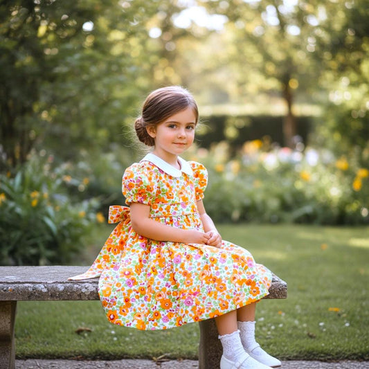 Liberty London Peter Pan Collar Puffy Short Sleeves Dress,Heirloom Wedding Flower Girl Gown,Handmade Ditsy Floral Print Cotton Lawn Clothing
