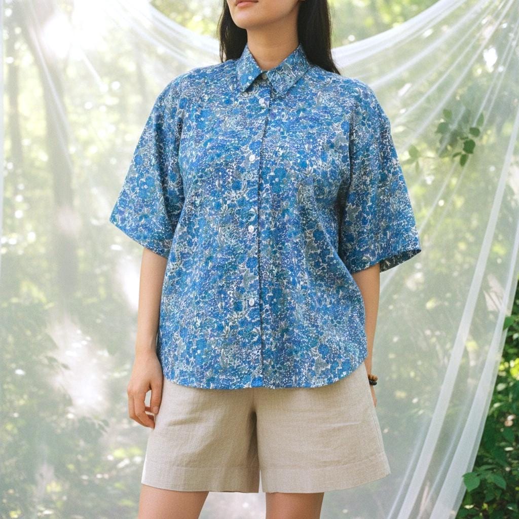 Liberty London Tana Lawn Cotton Blouse, Blue Floral Drop Shoulder Shirt