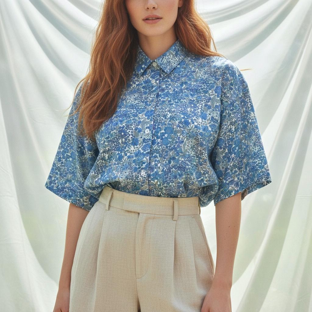 Liberty London Tana Lawn Cotton Blouse, Blue Floral Drop Shoulder Shirt