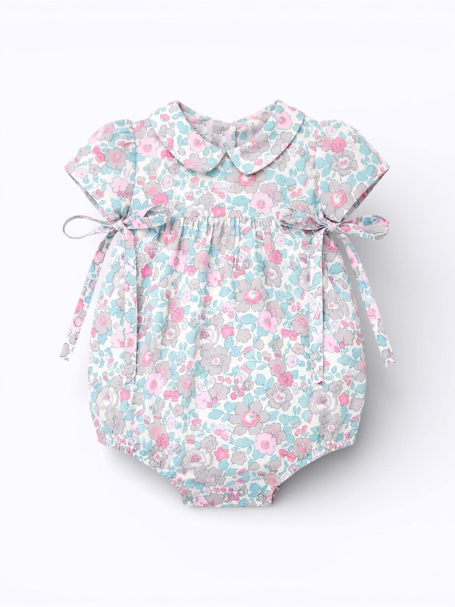 Liberty London Floral Print Pastel Pink Blue Bubble Romper,Peter Pan Collar Short Sleeve Sunsuit,Heirloom Handmade Ditsy Tana Lawn Clothing
