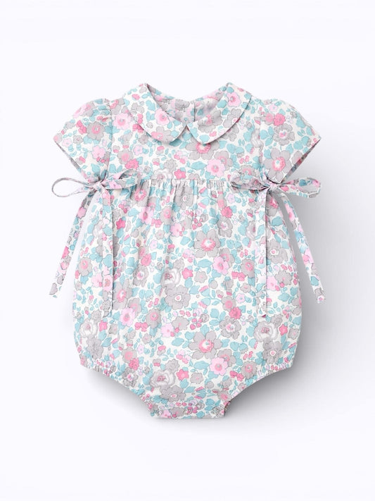 Liberty London Floral Print Pastel Pink Blue Bubble Romper,Peter Pan Collar Short Sleeve Sunsuit,Heirloom Handmade Ditsy Tana Lawn Clothing