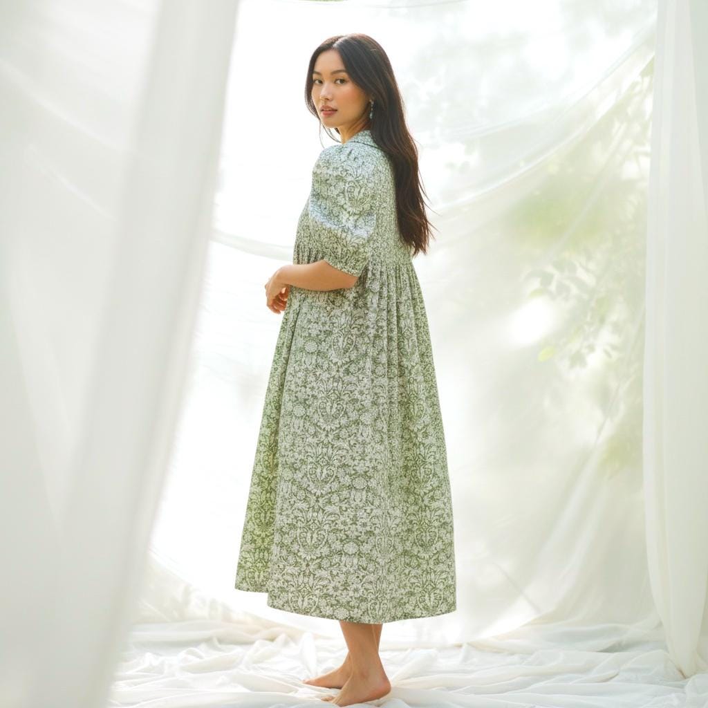 Liberty London Floral Midi Dress, Smock Silhouette, Puffed Sleeves, 100% Cotton Tana Lawn