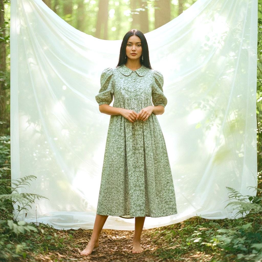 Liberty London Floral Midi Dress, Smock Silhouette, Puffed Sleeves, 100% Cotton Tana Lawn