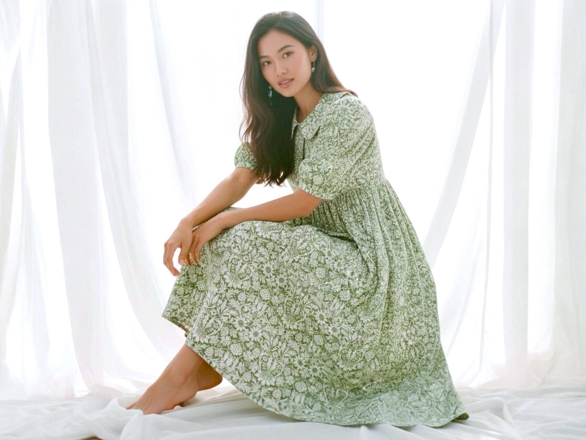 Liberty London Floral Midi Dress, Smock Silhouette, Puffed Sleeves, 100% Cotton Tana Lawn