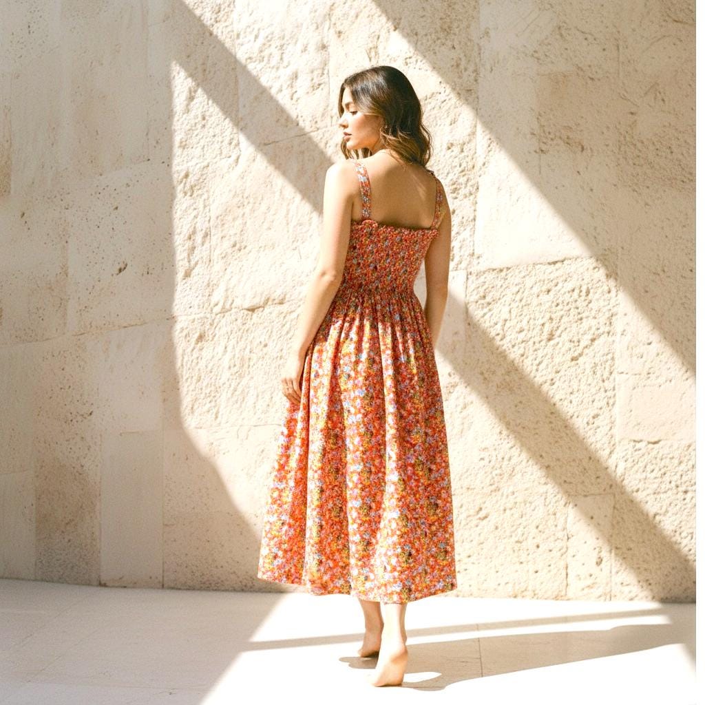 Liberty London Cotton Midi Sun Dress, Shirred Floral Smock, Summer Botanical Print