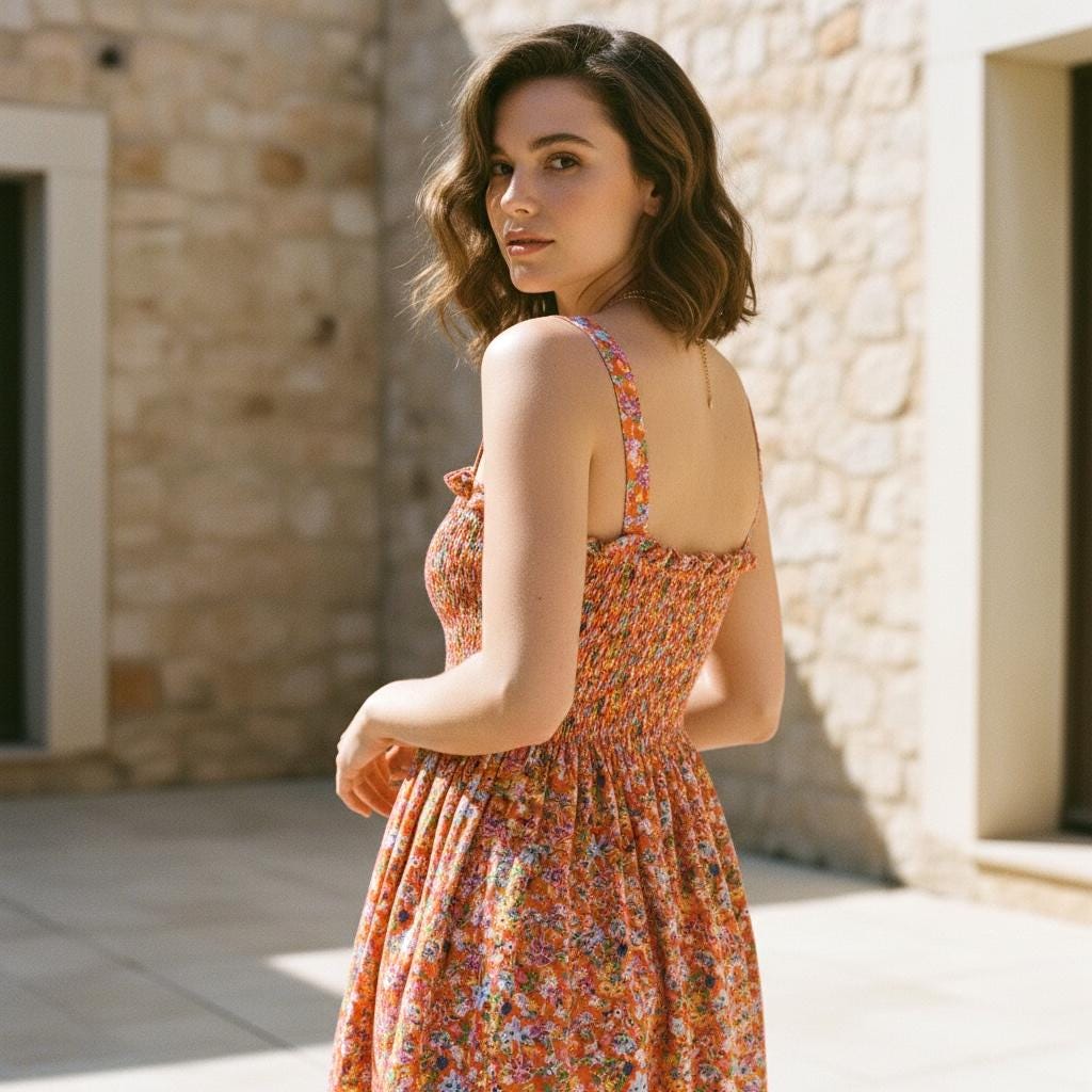 Liberty London Cotton Midi Sun Dress, Shirred Floral Smock, Summer Botanical Print