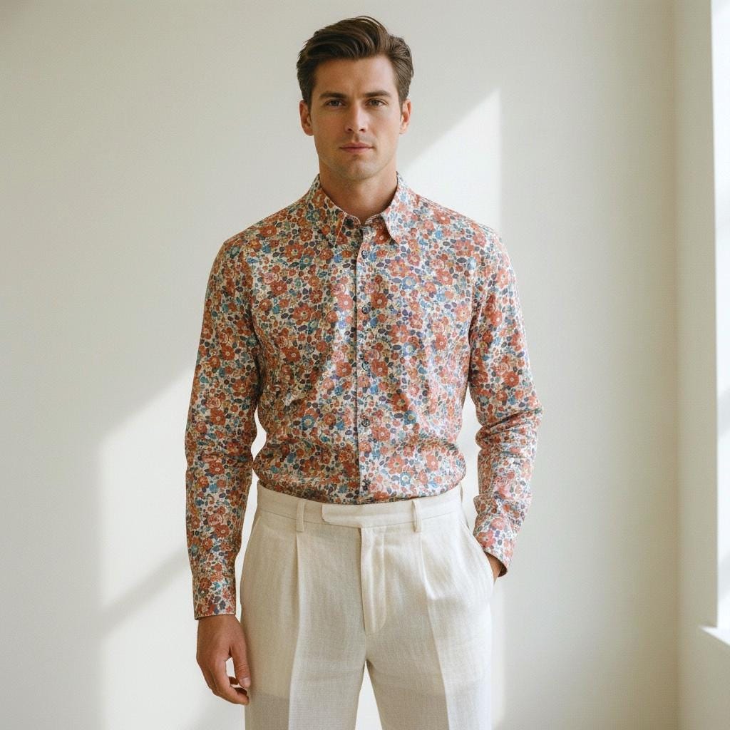 Liberty London Floral print Cotton Shirt, Men's Botanical Print Long Sleeve Button Up Chemise