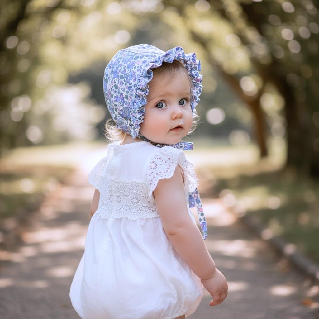 Liberty London Floral Baby Bonnet, Ruffle Sun Hat, Tana Lawn Cotton