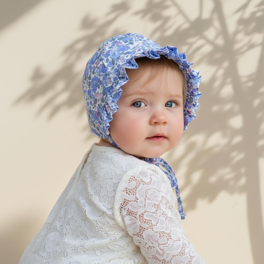 Liberty London Floral Baby Bonnet, Ruffle Sun Hat, Tana Lawn Cotton