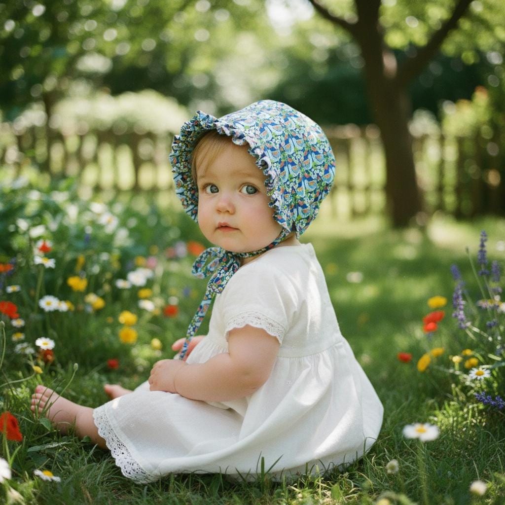 Liberty London Ruffle Brim Baby Bonnet, Strawberry Feast Print, Handmade Cotton Cap