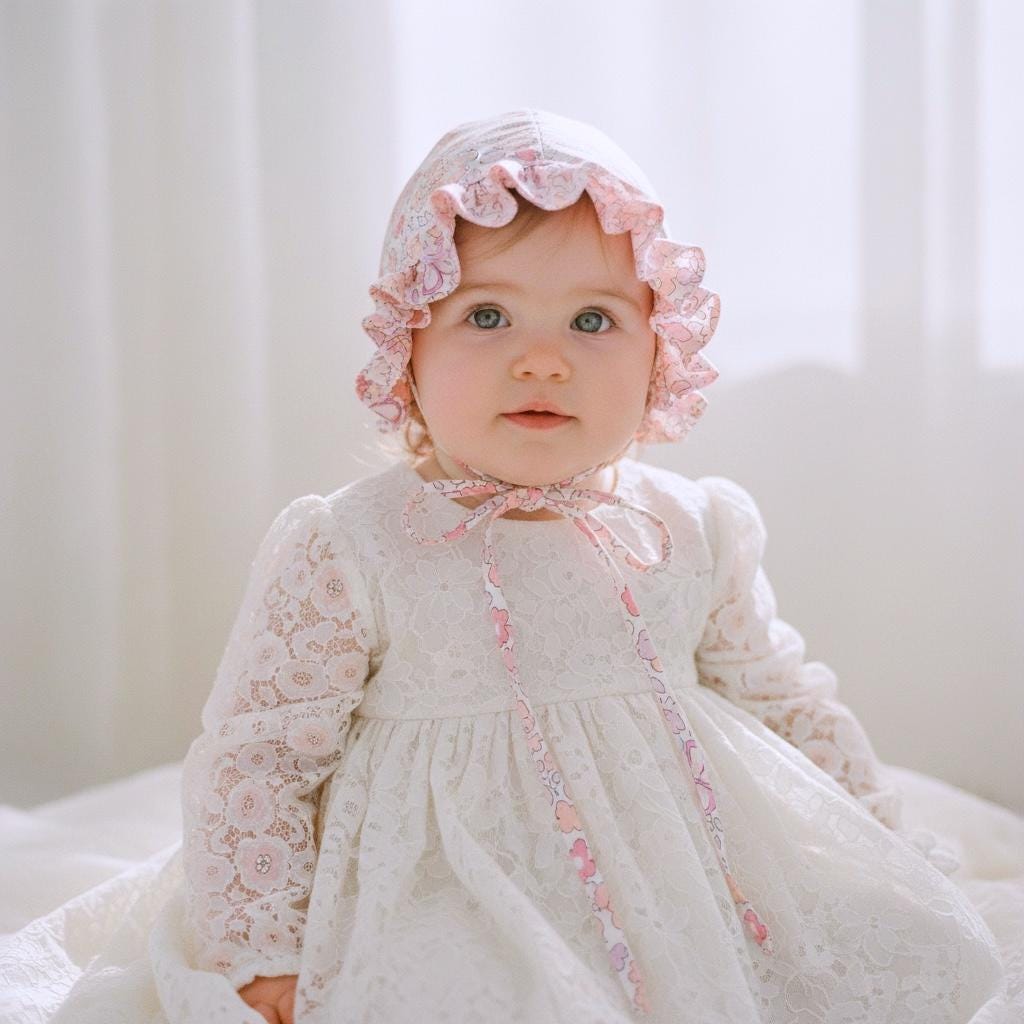 Liberty London Ruffle Bonnet, Pink Butterfly Floral Cotton Sun Hat