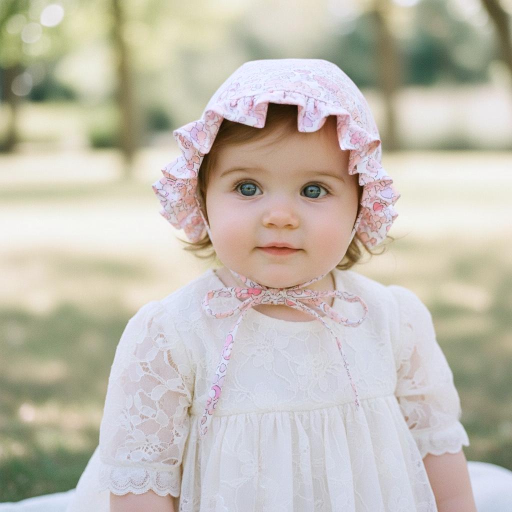 Liberty London Ruffle Bonnet, Pink Butterfly Floral Cotton Sun Hat