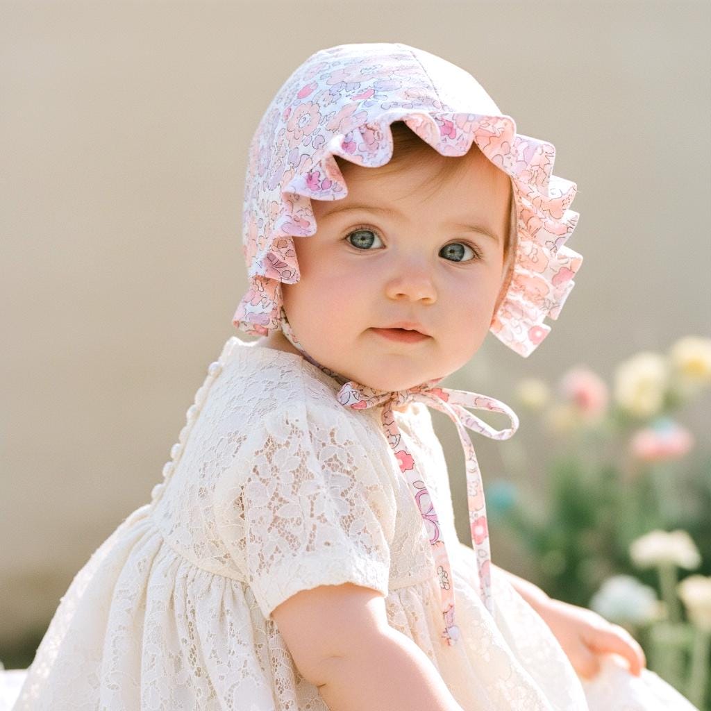 Liberty London Ruffle Bonnet, Pink Butterfly Floral Cotton Sun Hat