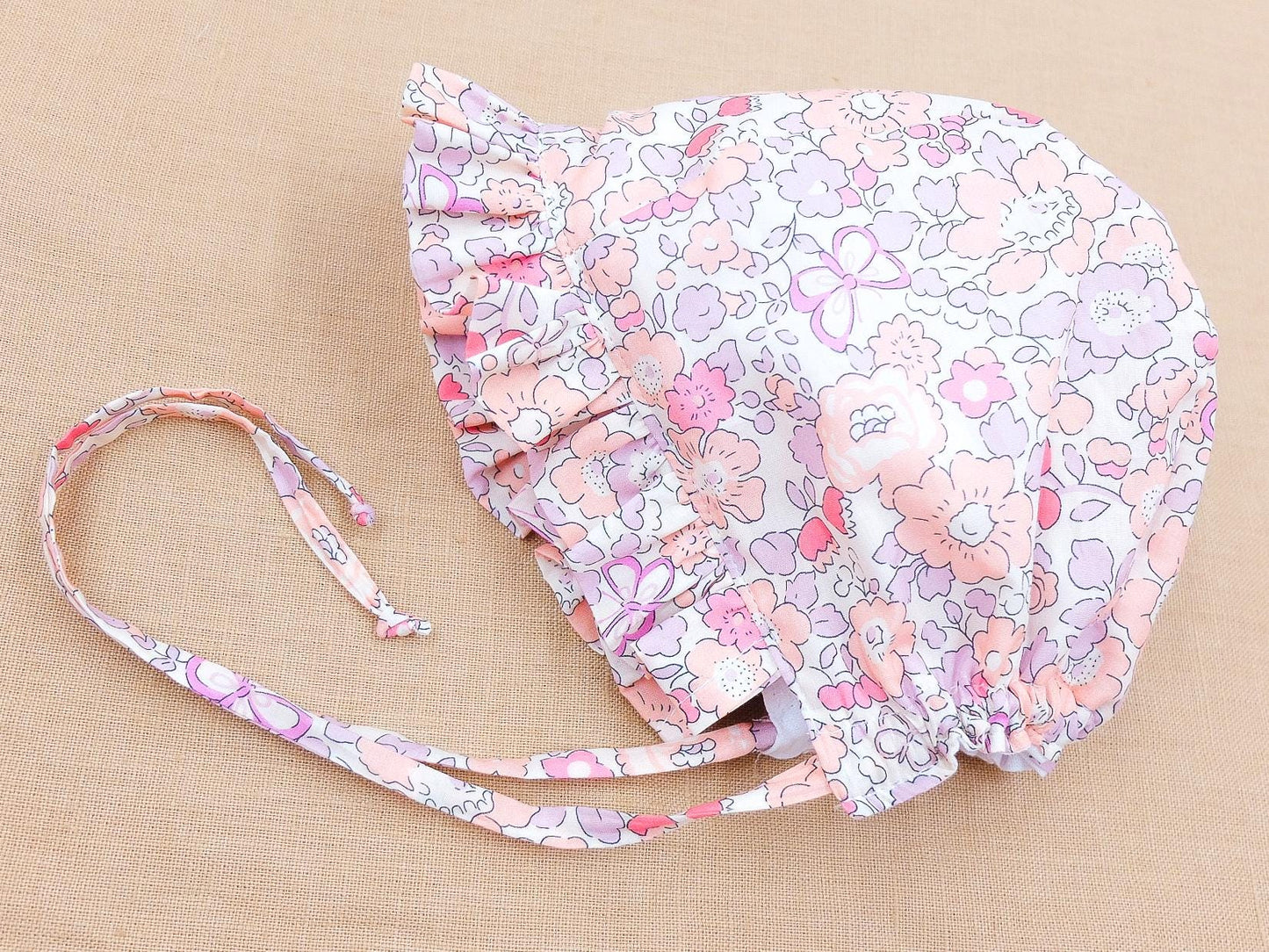 Liberty London Ruffle Bonnet, Pink Butterfly Floral Cotton Sun Hat