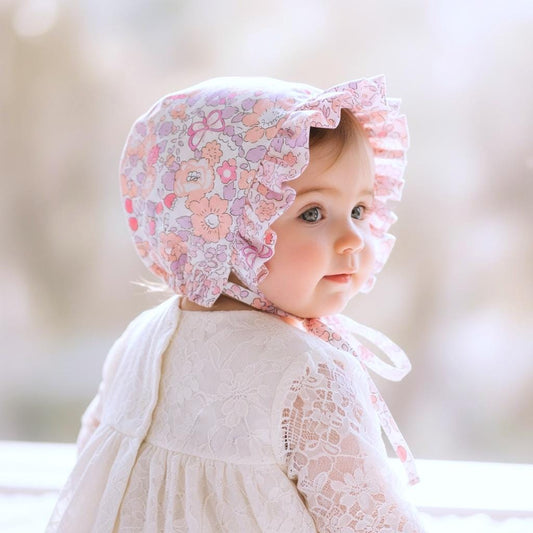 Liberty London Ruffle Bonnet, Pink Butterfly Floral Cotton Sun Hat