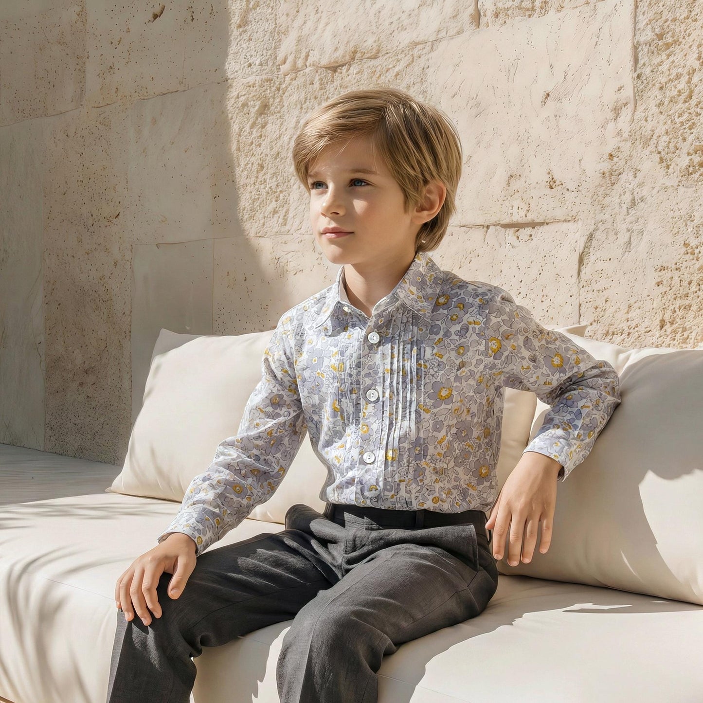 Boys Liberty London Ditsy Floral Cotton Shirt, Mustard Grey White Long Sleeve Top