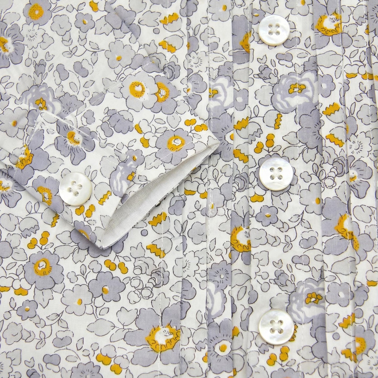 Boys Liberty London Ditsy Floral Cotton Shirt, Mustard Grey White Long Sleeve Top
