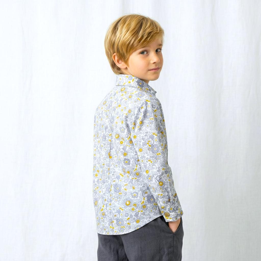 Boys Liberty London Ditsy Floral Cotton Shirt, Mustard Grey White Long Sleeve Top