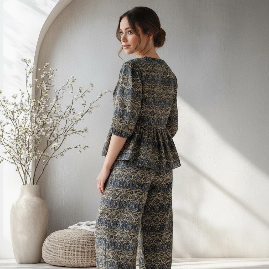 Liberty London Cotton Loungewear Set, Handmade Palazzo Pants & Blouse