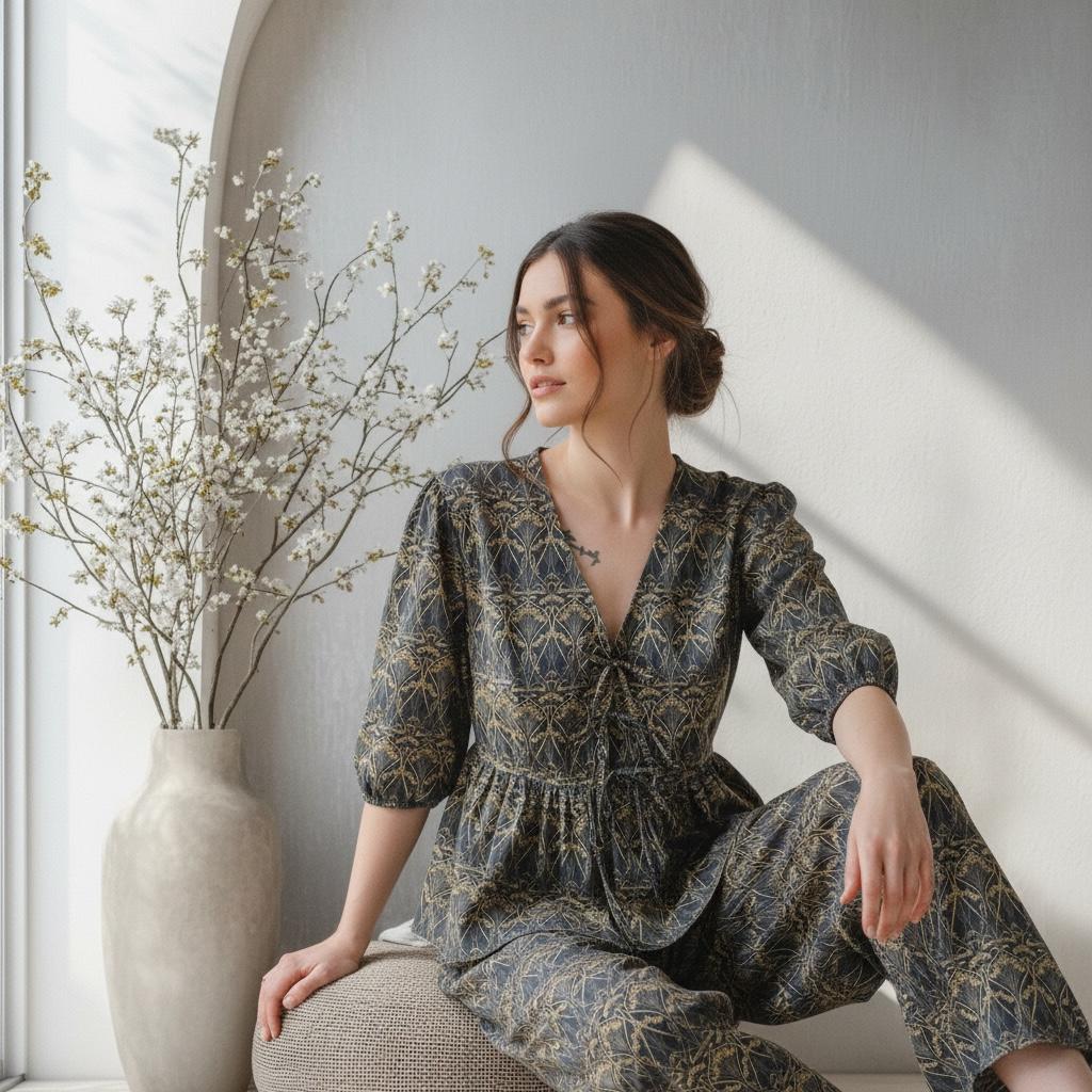 Liberty London Cotton Loungewear Set, Handmade Palazzo Pants & Blouse