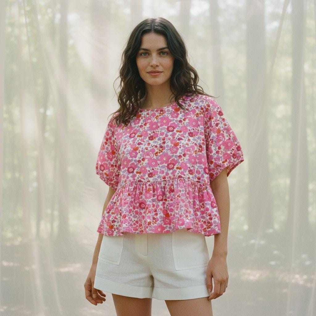 Liberty London Short Sleeves Crew Neck Peplum Blouse, Ditsy Floral Print Top, Handmade Clothing