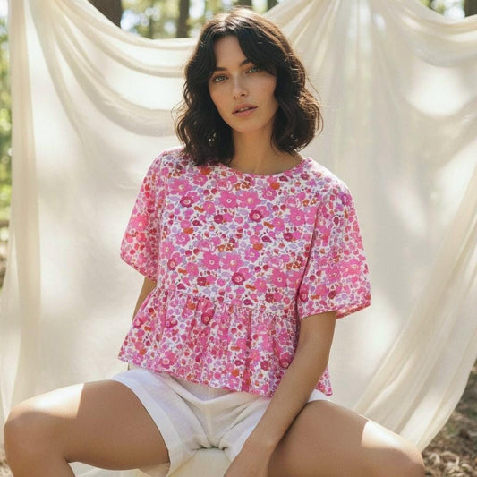 Liberty London Short Sleeves Crew Neck Peplum Blouse, Ditsy Floral Print Top, Handmade Clothing