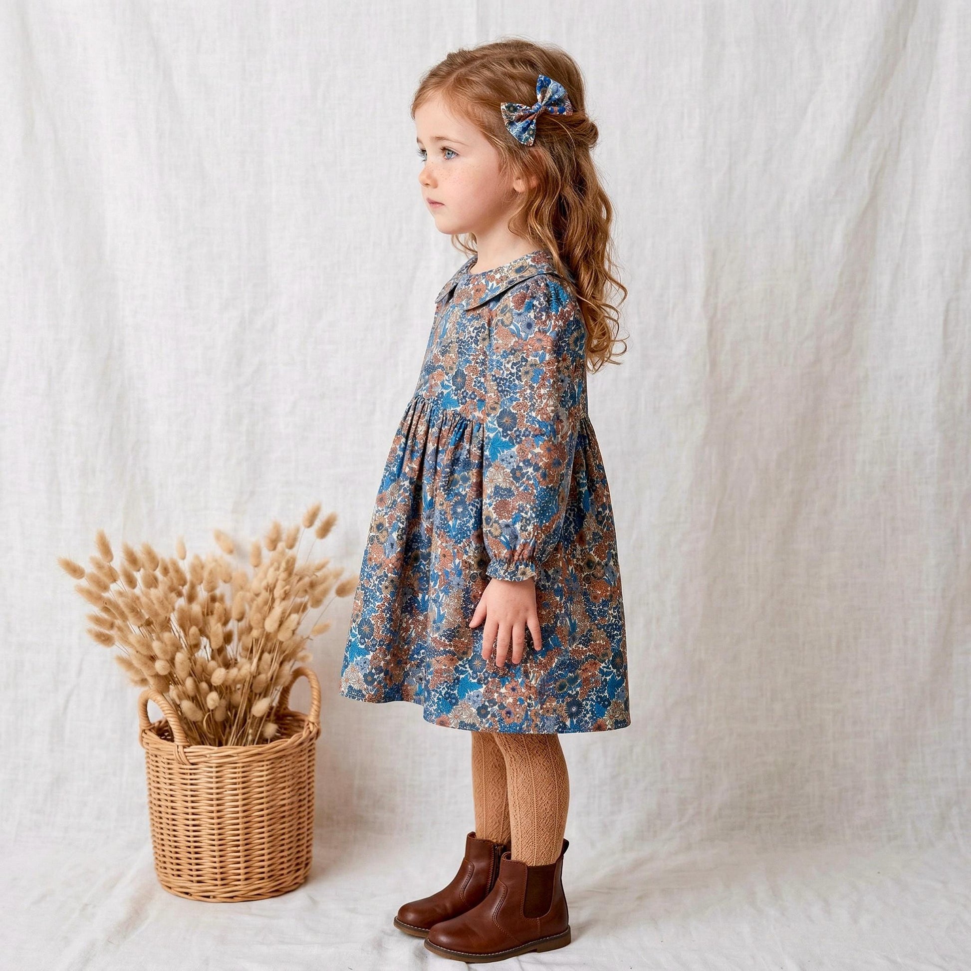 Liberty London Long Sleeve Peter Pan Collar Girl Dress: Floral Print Cotton Fabric