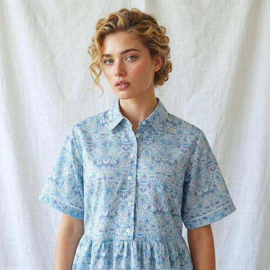Liberty London Midi Shirt Dress, Kimono Half Sleeves Gown, Handmade Botanical Floral Print Dress