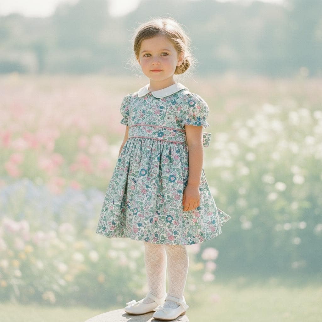 Liberty London Peter Pan Short Sleeves Dress, Heirloom Wedding Flower Girl Gown, Handmade Clothing