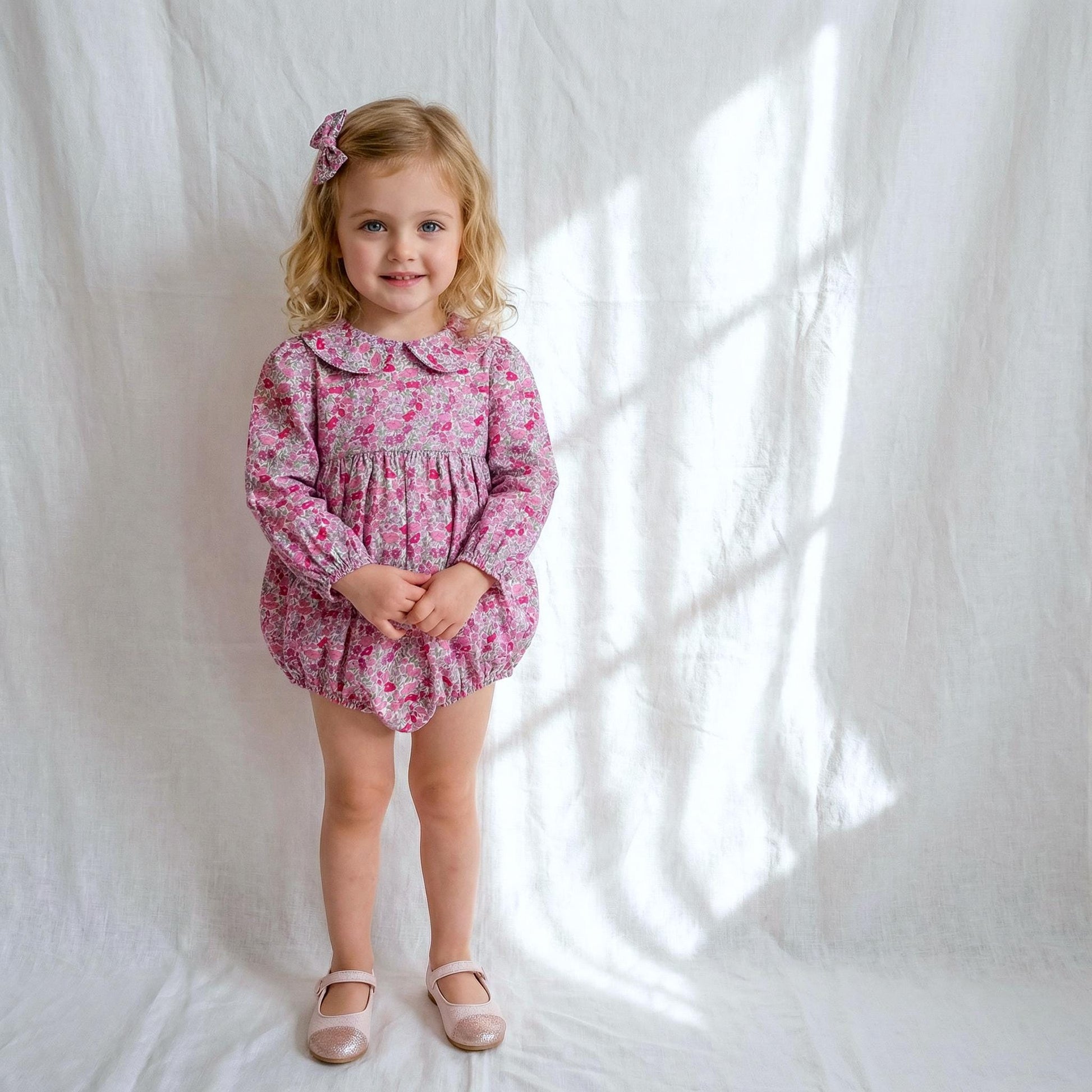 Liberty London Long Sleeves Peter Pan Collar Bubble Romper, Cotton Ditsy Floral Print Playsuit