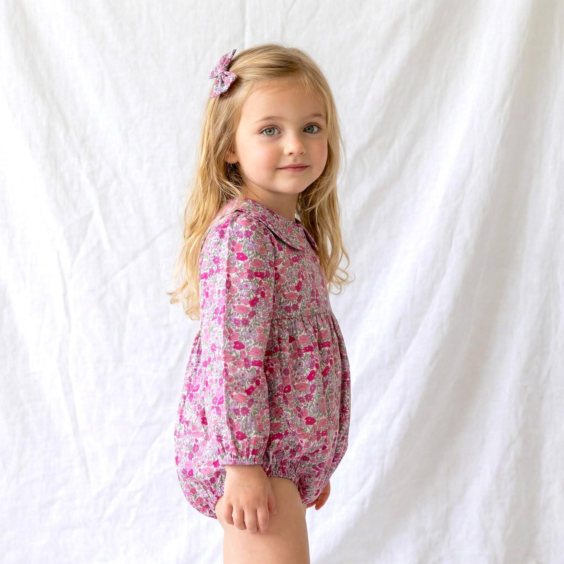 Liberty London Long Sleeves Peter Pan Collar Bubble Romper, Cotton Ditsy Floral Print Playsuit