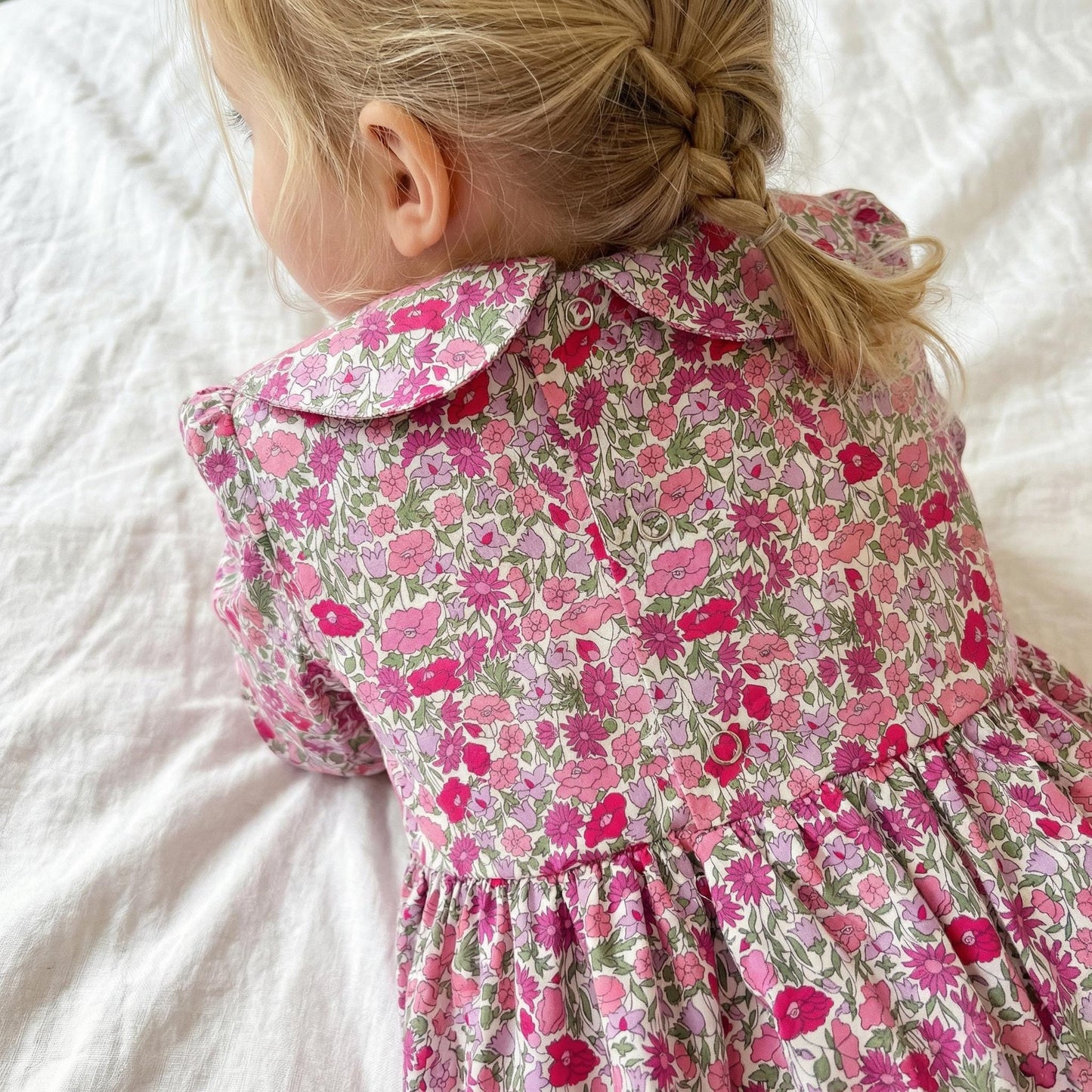 Liberty London Long Sleeves Peter Pan Collar Bubble Romper, Cotton Ditsy Floral Print Playsuit