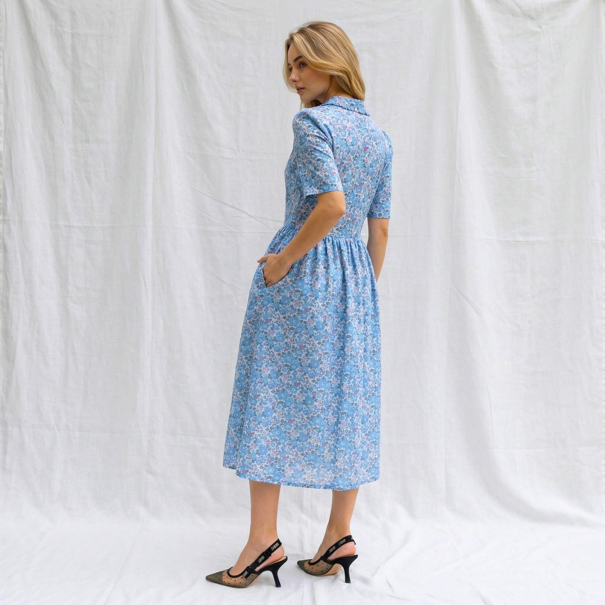 Liberty London Midi Frilled Peter Pan Collar Dress, Puffed Half Sleeves Tana Lawn Gown