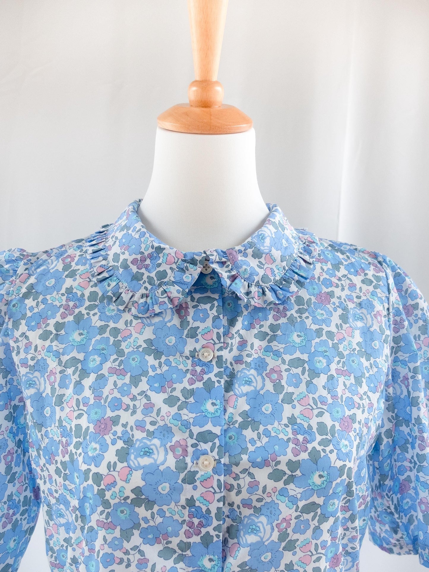 Liberty London Midi Frilled Peter Pan Collar Dress, Puffed Half Sleeves Tana Lawn Gown