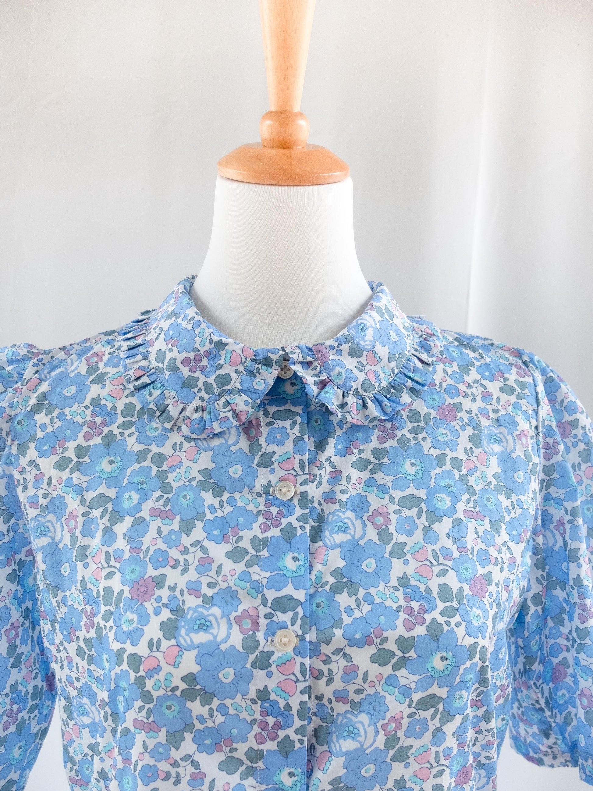 Liberty London Midi Frilled Peter Pan Collar Dress, Puffed Half Sleeves Tana Lawn Gown