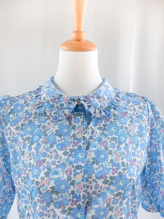 Liberty London Midi Frilled Peter Pan Collar Dress, Puffed Half Sleeves Tana Lawn Gown