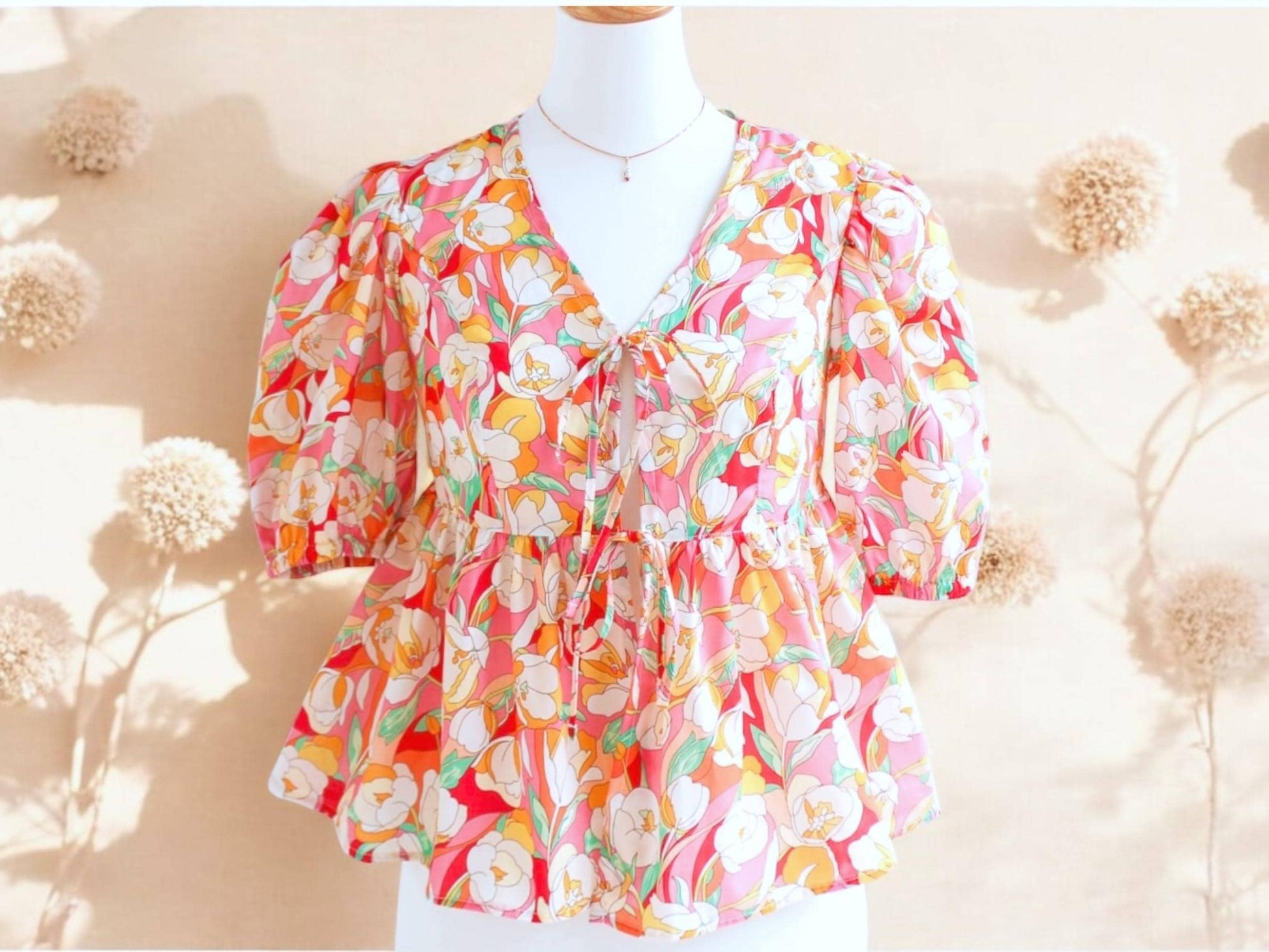 Liberty London V-Neck Peplum Blouse, Puffy Half Sleeves Ditsy Floral Print Top, Handmade Clothing