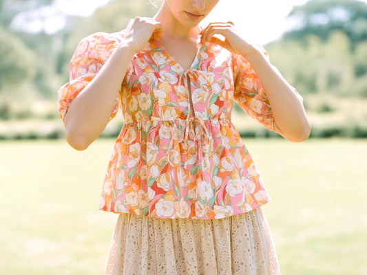 Liberty London V-Neck Peplum Blouse, Puffy Half Sleeves Ditsy Floral Print Top, Handmade Clothing