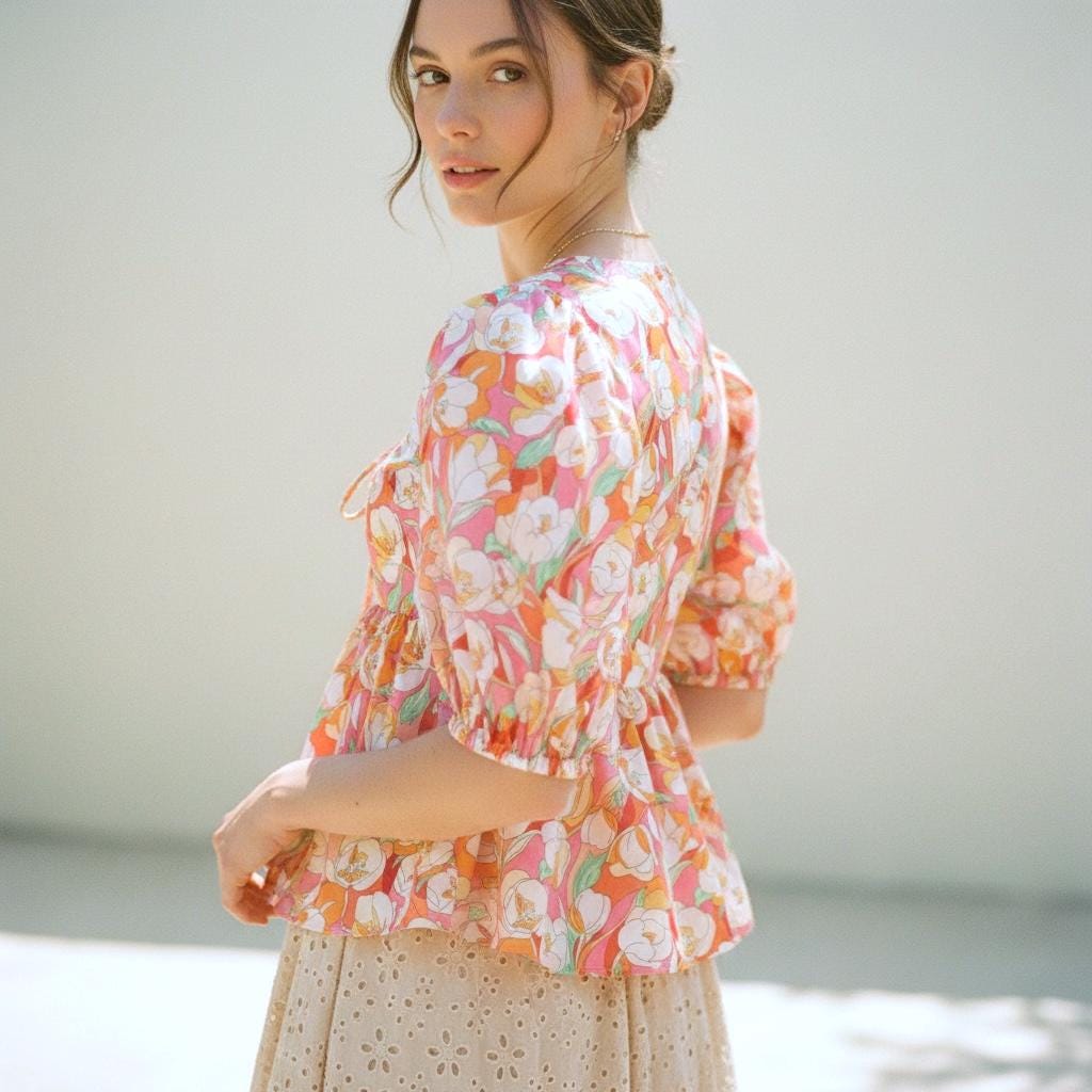 Liberty London V-Neck Peplum Blouse, Puffy Half Sleeves Ditsy Floral Print Top, Handmade Clothing