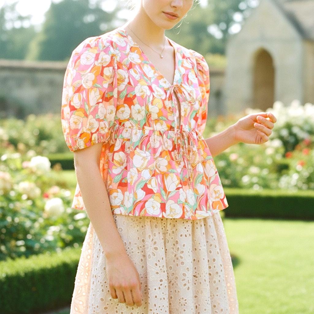 Liberty London V-Neck Peplum Blouse, Puffy Half Sleeves Ditsy Floral Print Top, Handmade Clothing