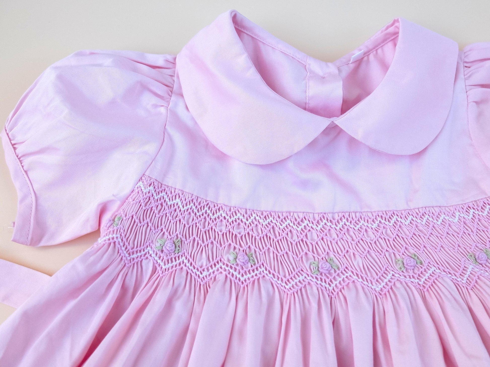 Vintage Style Pink Smocked Dress with Rose Embroidery 5Y 6Y