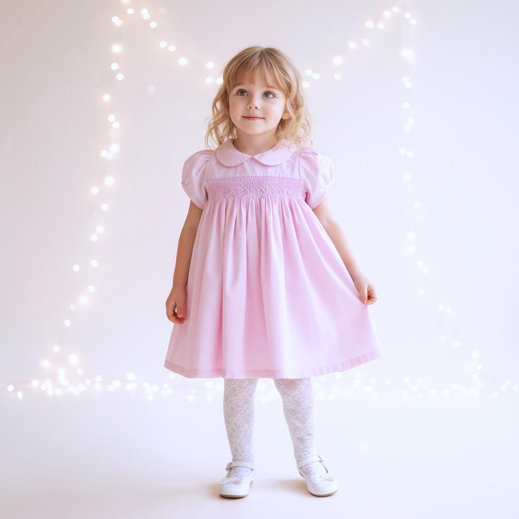 Vintage Style Pink Smocked Dress with Rose Embroidery 5Y 6Y