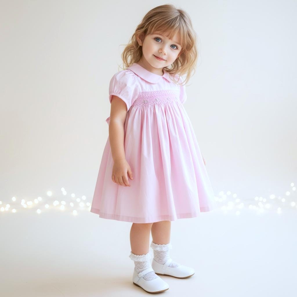 Vintage Style Pink Smocked Dress with Rose Embroidery 5Y 6Y