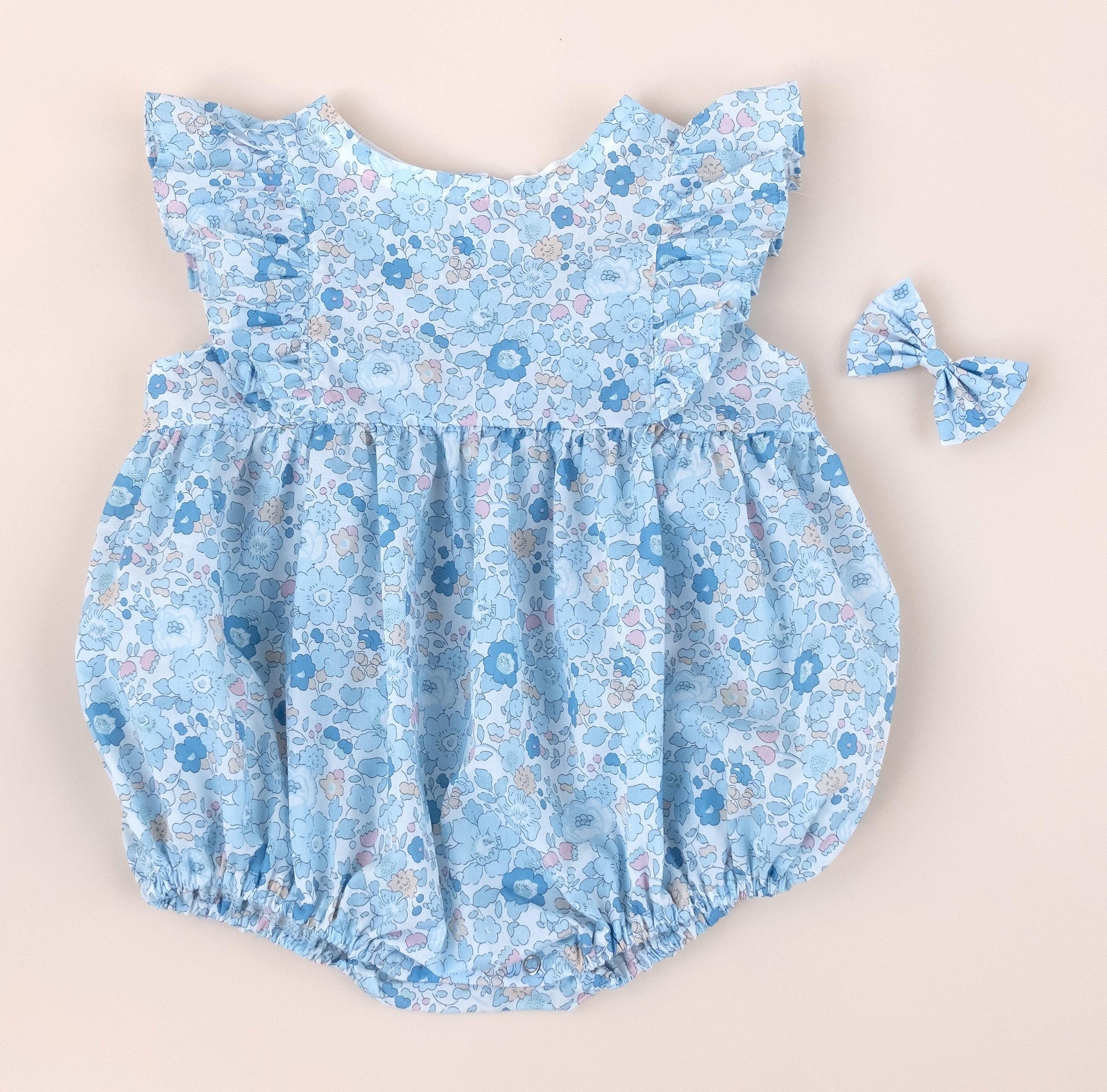 Liberty London Blue Bubble Playsuit Romper, Floral Print Cotton Tana Lawn Sleeveless Handmade Sunsuit