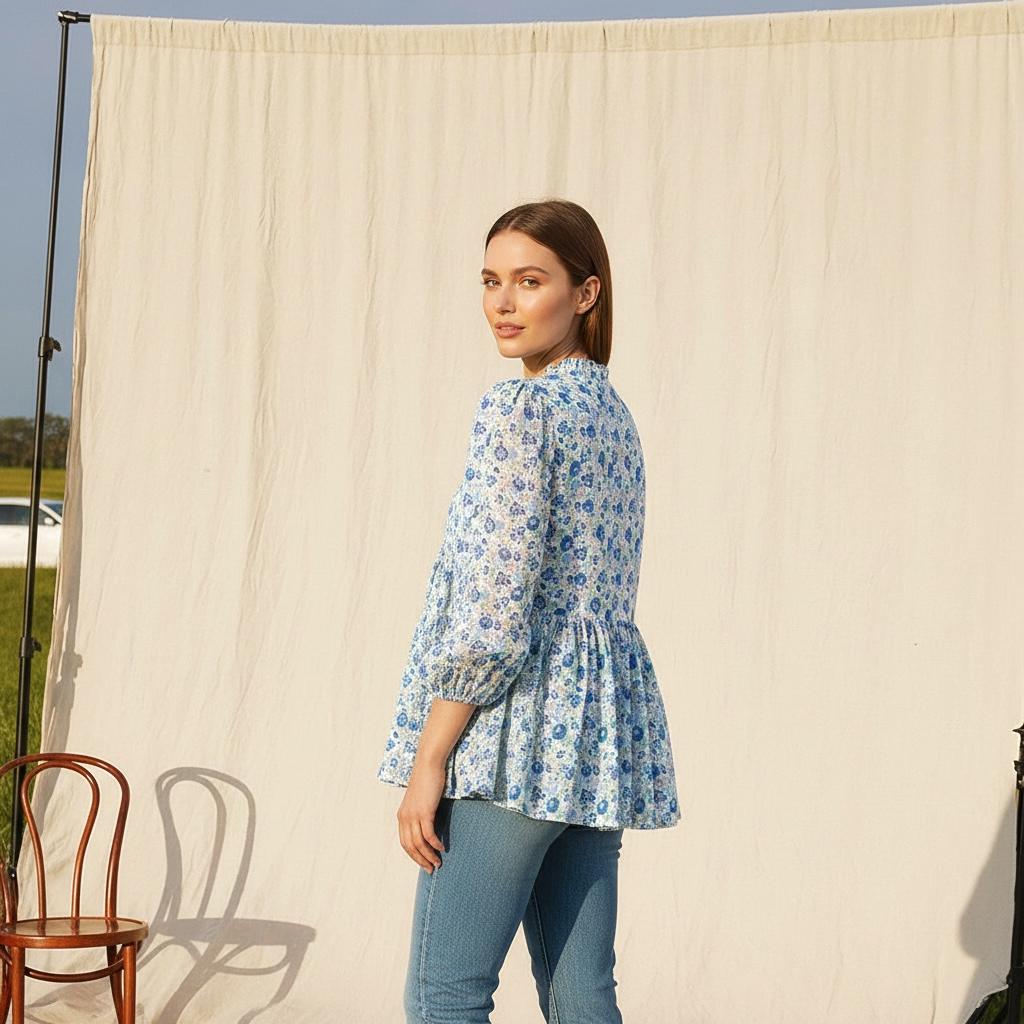 Liberty London Blue Felicite V-Neck Peplum Blouse, 3/4 Sleeves Puffy Ruffle Collar Handmade Top