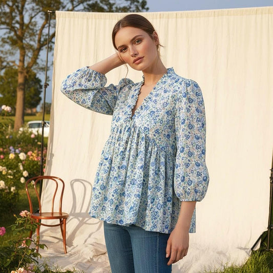 Liberty London Blue Felicite V-Neck Peplum Blouse, 3/4 Sleeves Puffy Ruffle Collar Handmade Top