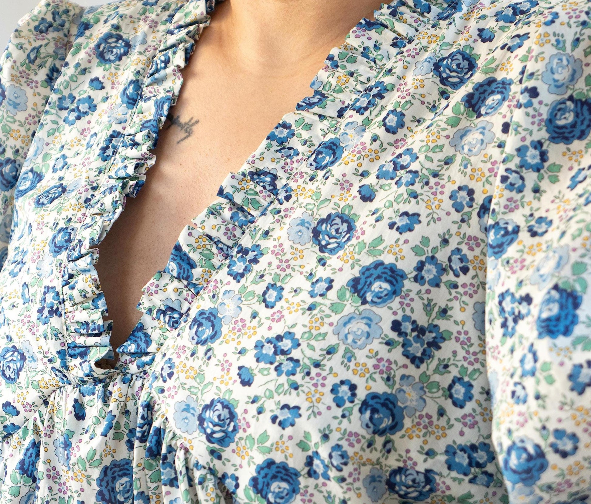 Liberty London Blue Felicite V-Neck Peplum Blouse, 3/4 Sleeves Puffy Ruffle Collar Handmade Top