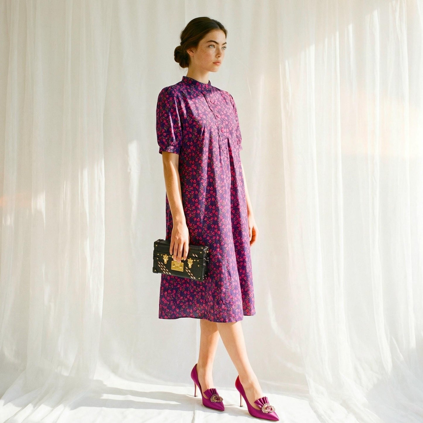 Liberty Mandarin Collar Shift Dress Short Sleeve