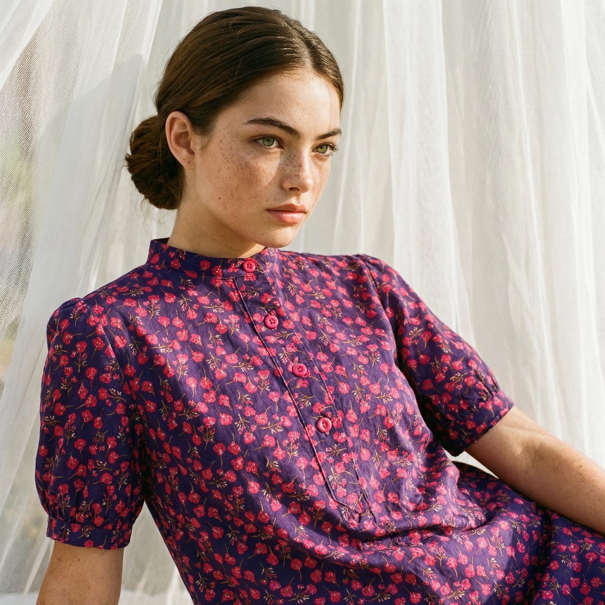 Liberty Mandarin Collar Shift Dress Short Sleeve